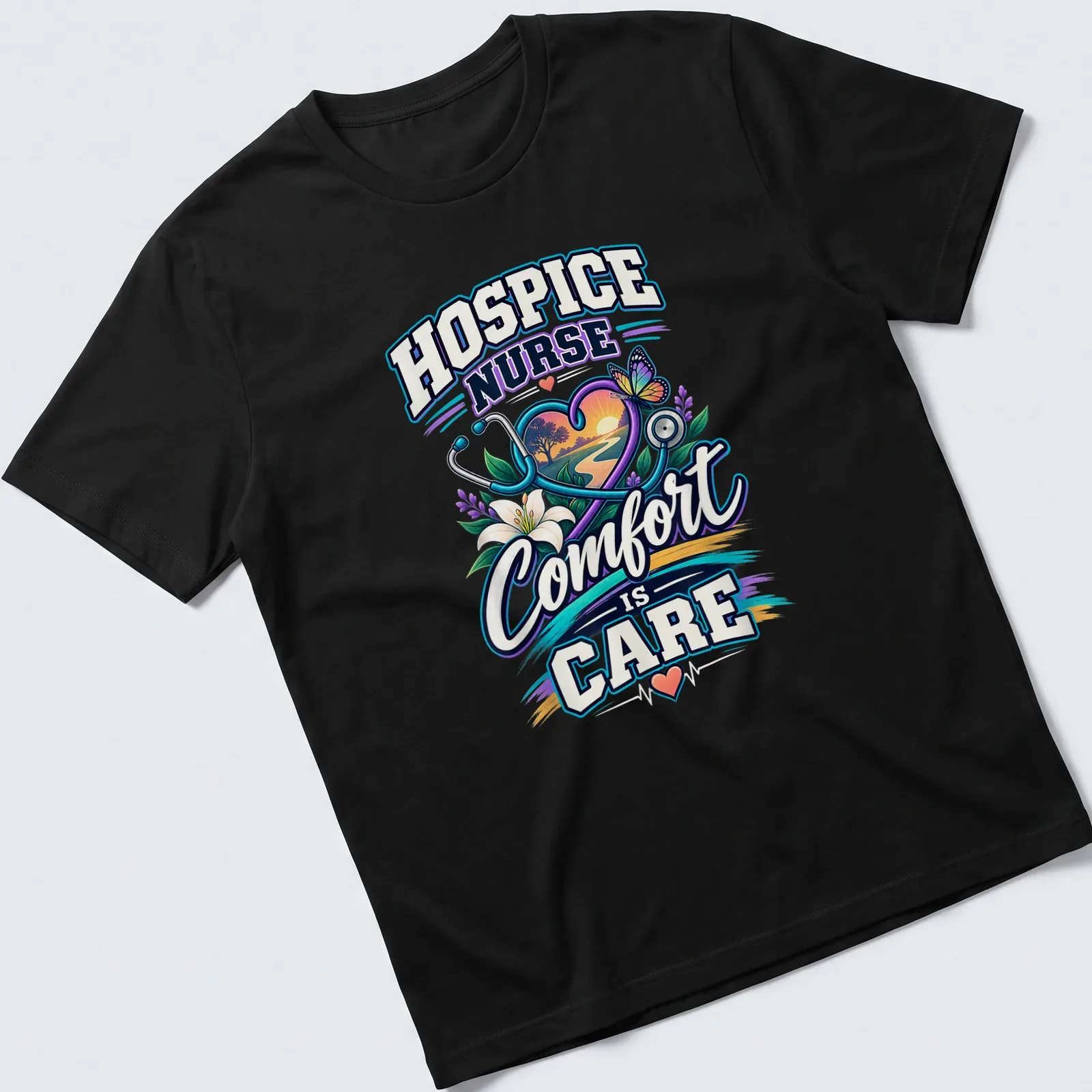 Illustrated t-shirt with colorful text promoting hospice nursing and care. — printed on a unisex t-shirt