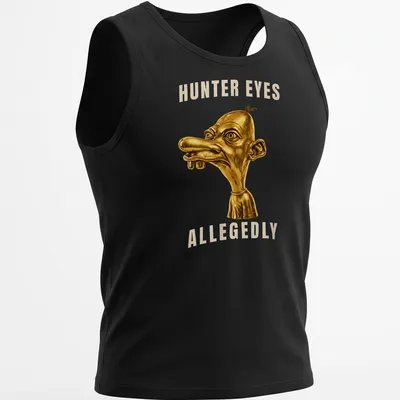 3D illustration of a golden character with text 'HUNTER EYES ALLEGEDLY' in black and white — printed on a tank top