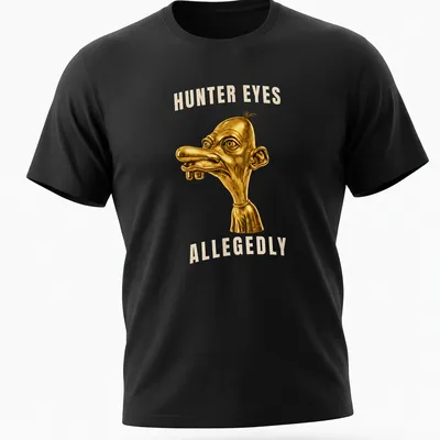 3D illustration of a golden character with text 'HUNTER EYES ALLEGEDLY' in black and white