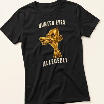 3D illustration of a golden character with text 'HUNTER EYES ALLEGEDLY' in black and white — printed on a women's shirt