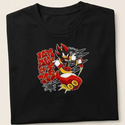 Bold graffiti-style Shadow The Hedgehog t-shirt with striking colors and text.