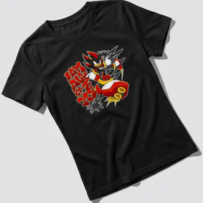 Bold graffiti-style Shadow The Hedgehog t-shirt with striking colors and text. — printed on a women's shirt