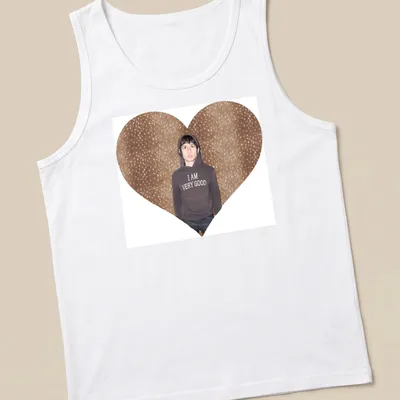Heart-shaped design with the text 'I AM VERY GOOD' and a person in a — printed on a tank top
