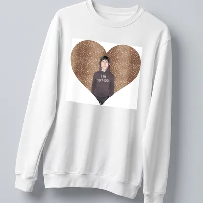 Heart-shaped design with the text 'I AM VERY GOOD' and a person in a — printed on a unisex sweatshirt