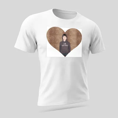 Heart-shaped design with the text 'I AM VERY GOOD' and a person in a — printed on a unisex t-shirt (angled view)