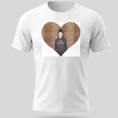 Heart-shaped design with the text 'I AM VERY GOOD' and a person in a hoodie
