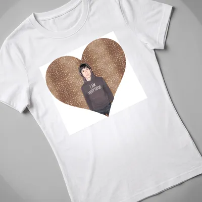 Heart-shaped design with the text 'I AM VERY GOOD' and a person in a — printed on a women's shirt