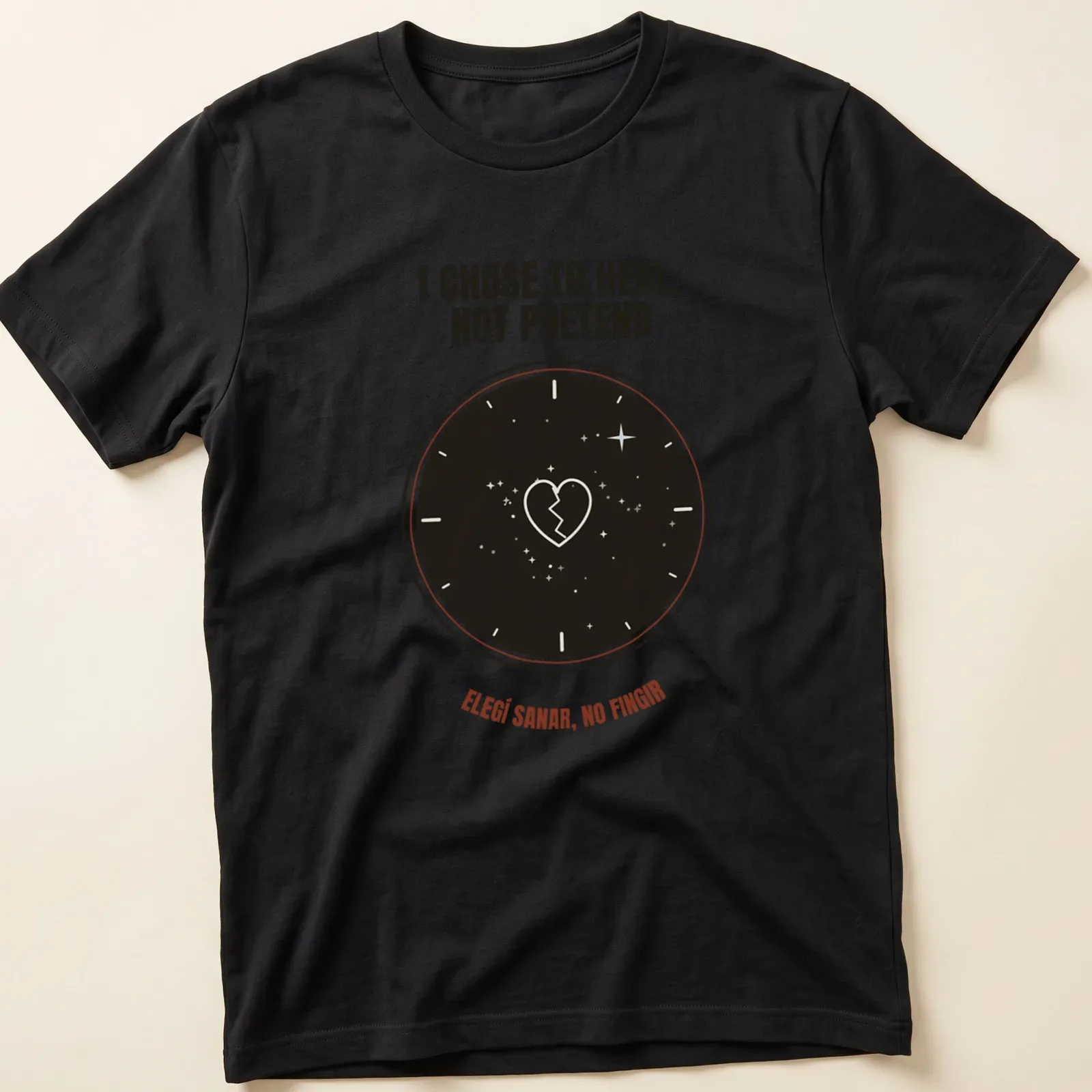 Minimalist design with a broken heart inside a clock, featuring healing text in red and black — printed on a unisex t-shirt