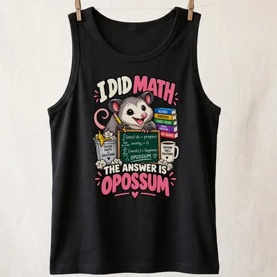 Colorful cartoon opossum with humorous math text on a — printed on a tank top