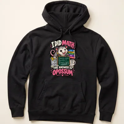 Colorful cartoon opossum with humorous math text on a — printed on a unisex hoodie