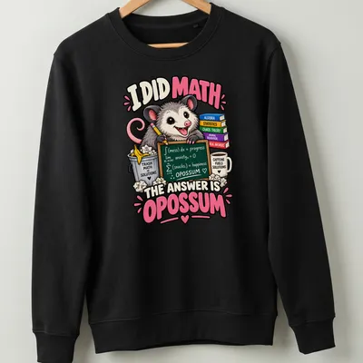 Colorful cartoon opossum with humorous math text on a — printed on a unisex sweatshirt