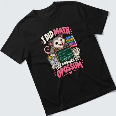 Colorful cartoon opossum with humorous math text on a T-shirt