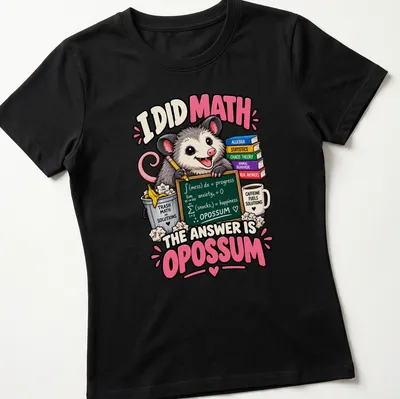 Colorful cartoon opossum with humorous math text on a — printed on a women's shirt