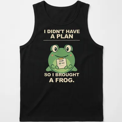 Cartoon frog with humorous text about spontaneity in green and beige — printed on a tank top