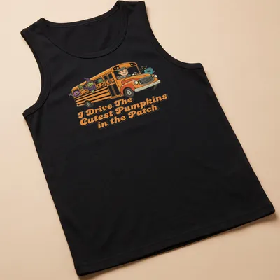 Cartoon-style shirt featuring a school bus with pumpkins and characters for Halloween. — printed on a tank top