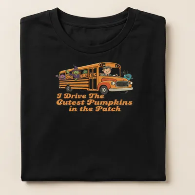 Cartoon-style shirt featuring a school bus with pumpkins and characters for Halloween. — printed on a women's shirt