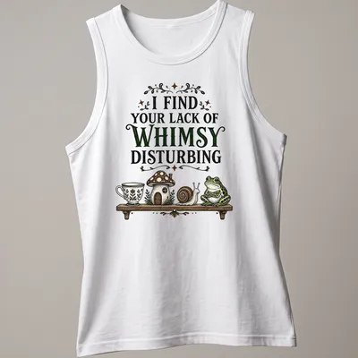 Vintage frog and snail T-shirt with whimsical text and cottage illustration — printed on a tank top