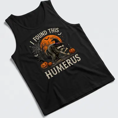 Whimsical raccoon illustration with humorous text for Halloween — printed on a tank top