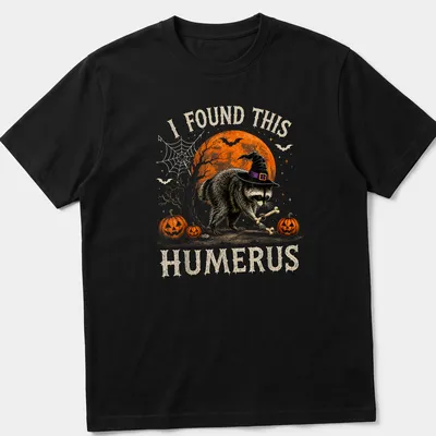 Whimsical raccoon illustration with humorous text for Halloween