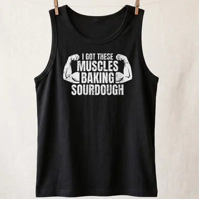 Distressed T-shirt with flexing arms and humorous baking text — printed on a tank top