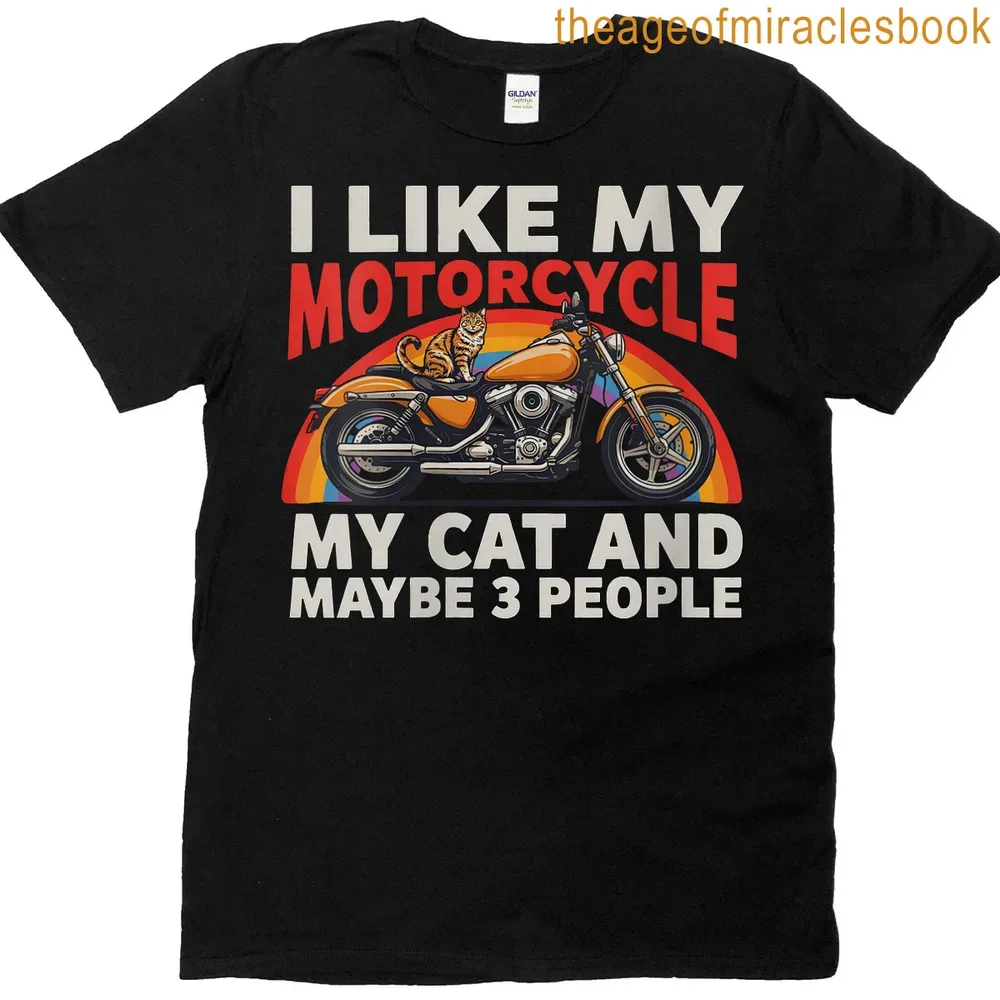 Colorful retro design T-shirt featuring a motorcycle and a cat with playful text