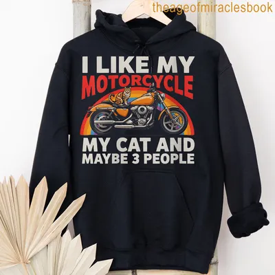 Colorful retro design T-shirt featuring a motorcycle and a cat with playful text — printed on a unisex hoodie