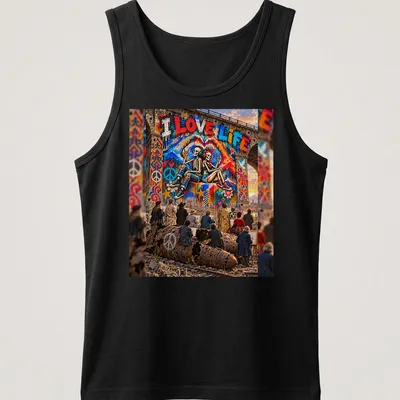 Colorful skeleton couple mural with 'I LOVE LIFE' text — printed on a tank top