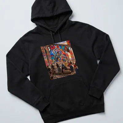 Colorful skeleton couple mural with 'I LOVE LIFE' text — printed on a unisex hoodie