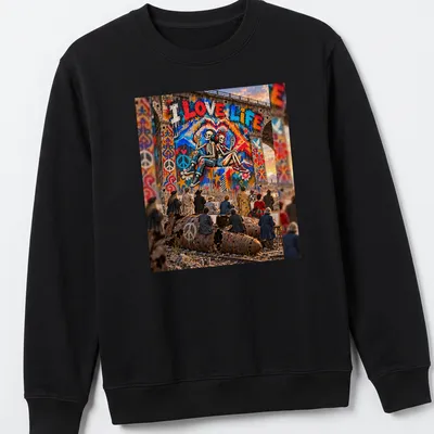 Colorful skeleton couple mural with 'I LOVE LIFE' text — printed on a unisex sweatshirt
