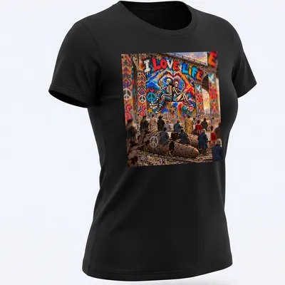 Colorful skeleton couple mural with 'I LOVE LIFE' text — printed on a women's shirt