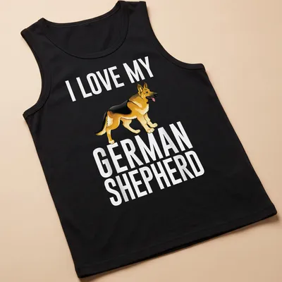 Cartoon graphic of a German Shepherd with the text 'I Love My German Shepherd' — printed on a tank top