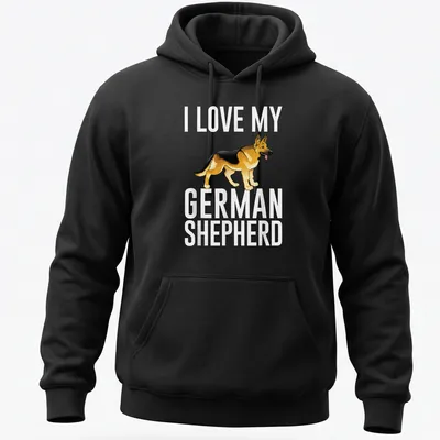 Cartoon graphic of a German Shepherd with the text 'I Love My German Shepherd' — printed on a unisex hoodie