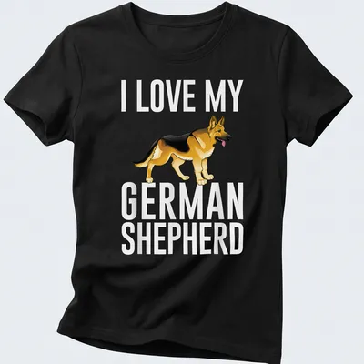 Cartoon graphic of a German Shepherd with the text 'I Love My German Shepherd' — printed on a women's shirt