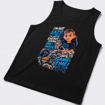 Cartoon boy gaming on a couch with humorous text about energy saving mode. — printed on a tank top