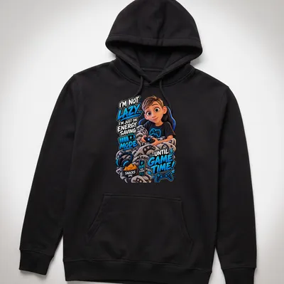 Cartoon boy gaming on a couch with humorous text about energy saving mode. — printed on a unisex hoodie