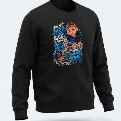 Cartoon boy gaming on a couch with humorous text about energy saving mode. — printed on a unisex sweatshirt
