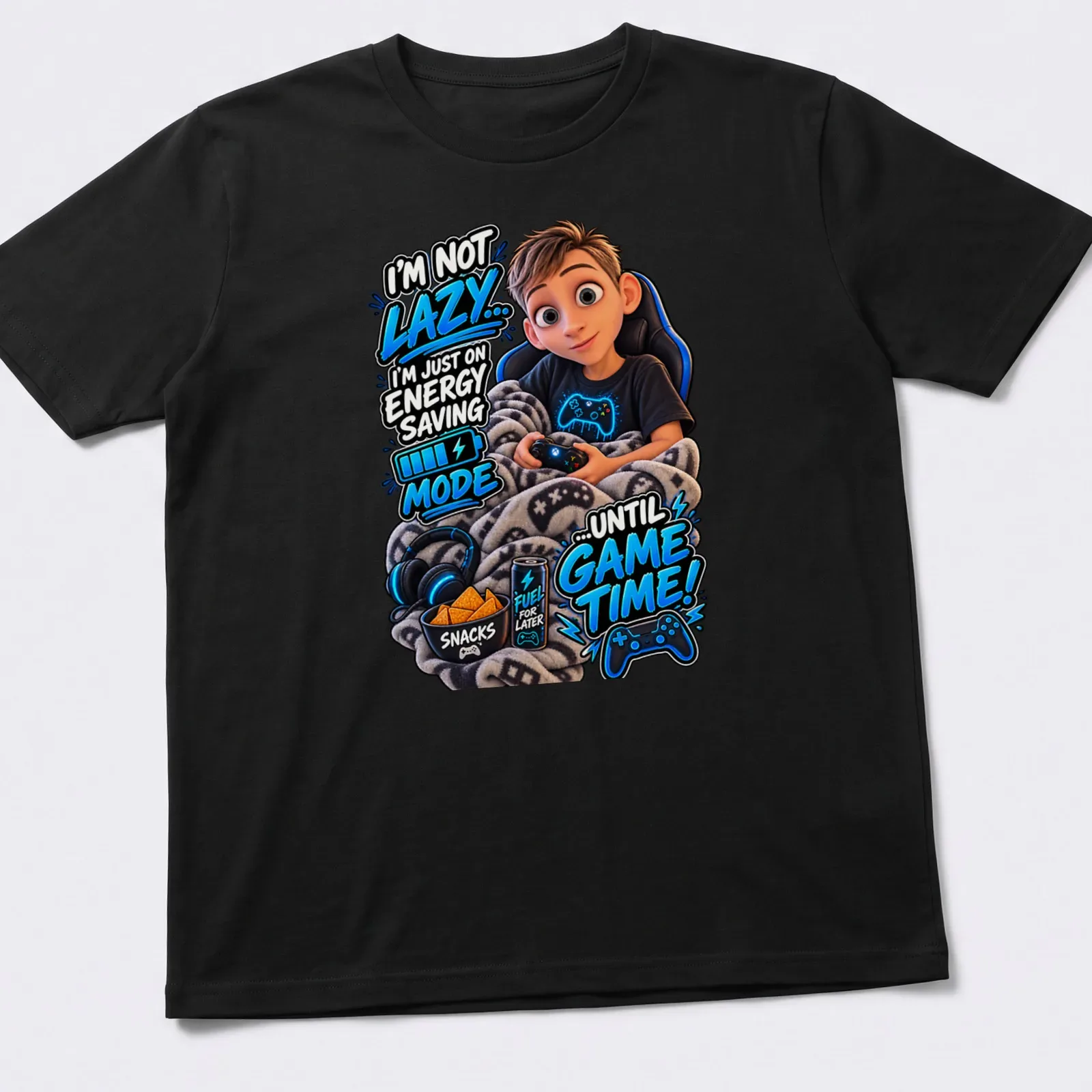 Cartoon boy gaming on a couch with humorous text about energy saving mode. — printed on a unisex t-shirt