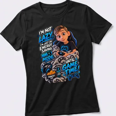 Cartoon boy gaming on a couch with humorous text about energy saving mode. — printed on a women's shirt