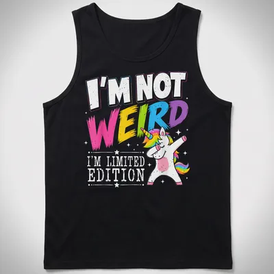 Colorful dabbing unicorn graphic with playful text about being limited edition — printed on a tank top