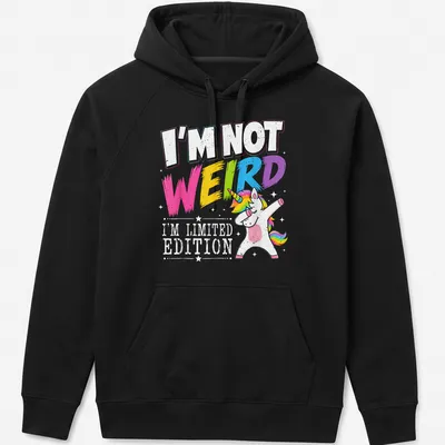 Colorful dabbing unicorn graphic with playful text about being limited edition — printed on a unisex hoodie