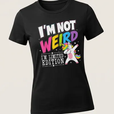 Colorful dabbing unicorn graphic with playful text about being limited edition — printed on a women's shirt