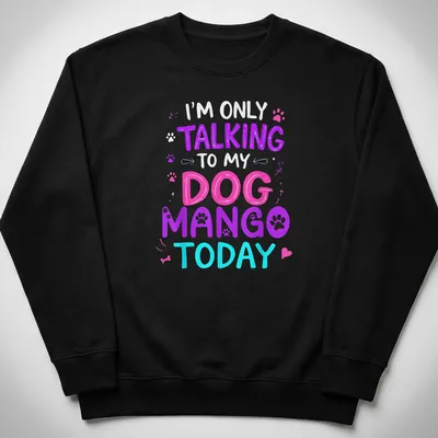 Playful tee featuring colorful text about talking to a dog named Mango — printed on a unisex sweatshirt