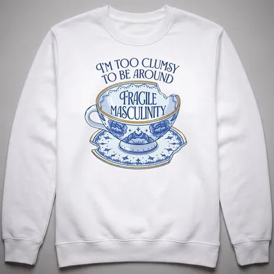 Whimsical illustration of a broken teacup with humorous text about masculinity — printed on a unisex sweatshirt