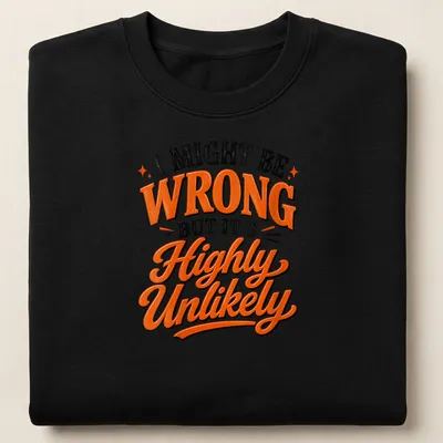 Bold typography shirt with the text: I MIGHT BE WRONG BUT IT'S HIGHLY UNLIKELY in black, orange, and white. — printed on a unisex sweatshirt