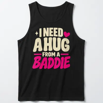 Text-based slogan t-shirt with bold lettering in cream and pink — printed on a tank top
