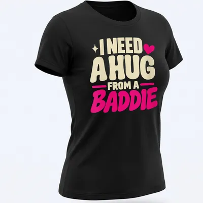 Text-based slogan t-shirt with bold lettering in cream and pink — printed on a women's shirt