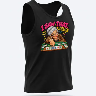 Colorful cartoon of a Mahjong player with text 'I SAW THAT. NICE TRY.' — printed on a tank top