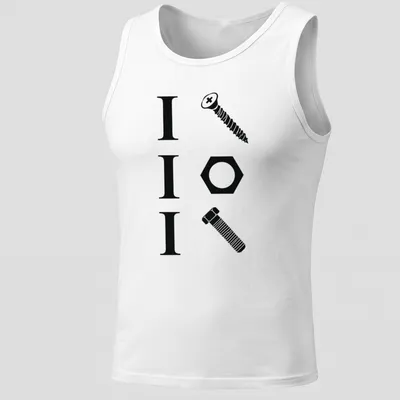 Minimalist design featuring the text 'I I I' alongside a screw, nut, and bolt. — printed on a tank top