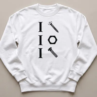 Minimalist design featuring the text 'I I I' alongside a screw, nut, and bolt. — printed on a unisex sweatshirt