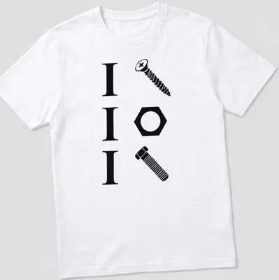 Minimalist design featuring the text 'I I I' alongside a screw, nut, and bolt.